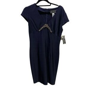 NWT Alex Evenings Sz 10 Rhinestones Cocktail Dress Cap Sleeve Navy Womans